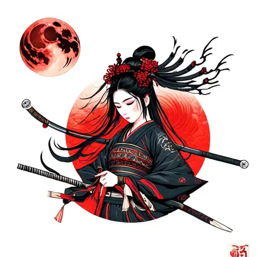 female samurai and blood moon tattoo design idea