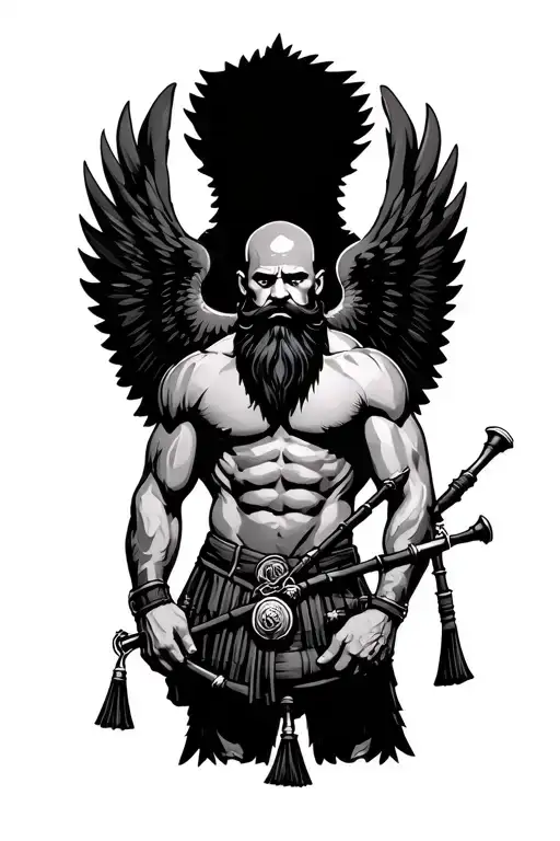 bagpipes in left arm bald shirtless muscular bagpiper black beard with two huge black wings  tattoo design idea