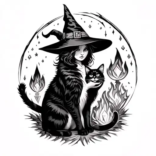 Witch with cat and crystal and bonfire tattoo design idea