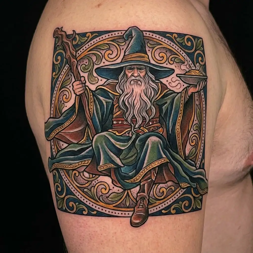A minimalist tattoo of Gandalf from Lord of the Rings casting a healing spell, representing your dual interests in fantasy literature and medicine tattoo design idea