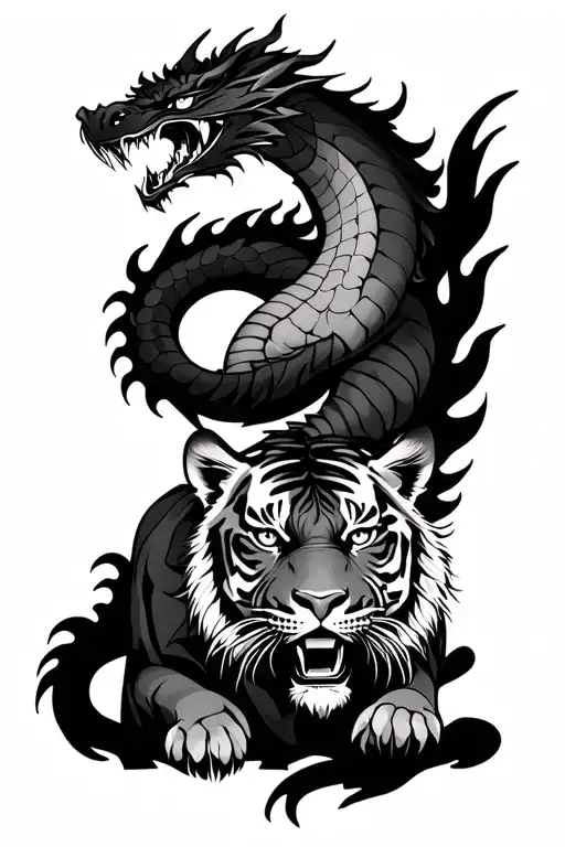Realistic Japanese tattoo design with a powerful dragon and a Bengal tiger below, both intertwined in a compos tattoo design idea