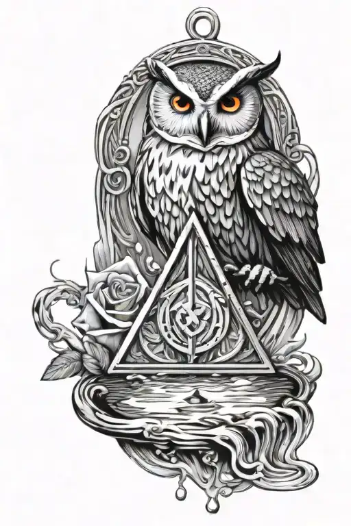  Deathly Hallows symbol as a pendant in rippling water. The chain is held by Hedwig, the owl, flying above the water tattoo design idea