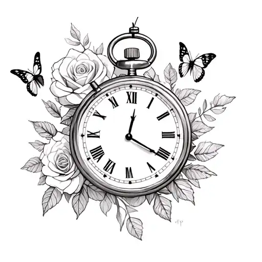 stopwatch with roses and buttergflies  tattoo design idea