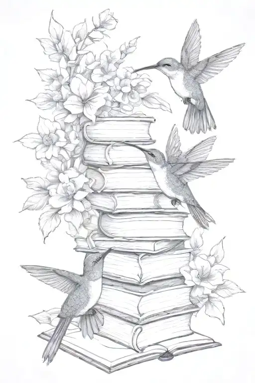 hummingbirds, flowers, tree, books tattoo design idea