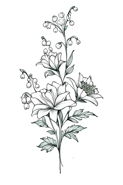 rose, lily of the valley, and marigold flowers intertwined tattoo design idea