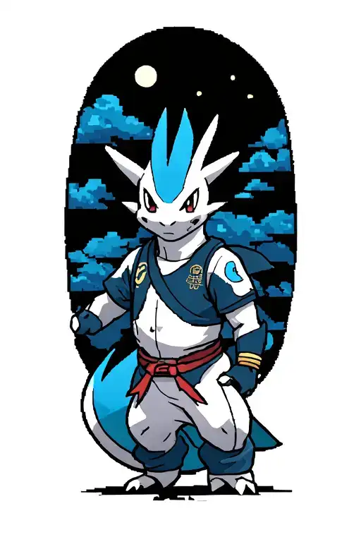 Pokemon Silver 8bit themed tattoo with trainer Gold/Ethan at center with typhlosion at its right side tattoo design idea