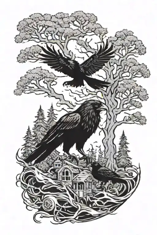 An arm sleeve black ink tattoo with pine trees at the shoulder. Below that zombies, ravens, and a tattered cloaked knigh tattoo design idea