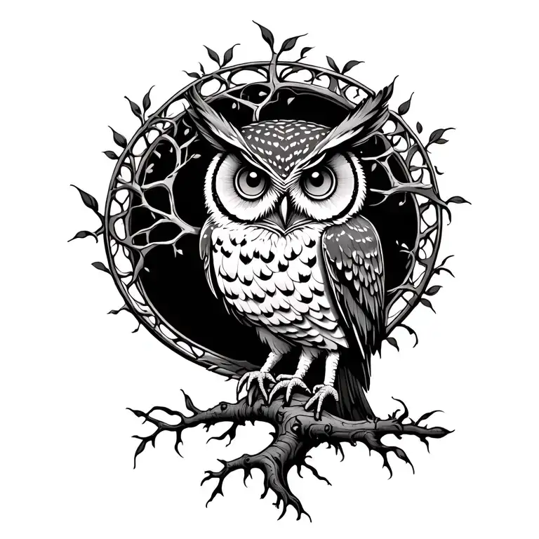 three-eyed owl with tree of life behind tattoo design idea