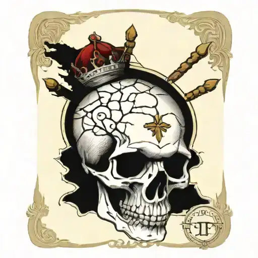 emperor tarot card featuring a cracked skull, veins, and death, in a semi tringle shape tattoo design idea