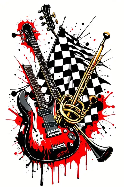 checkered flag design featuring a trumpet, trombone, and guitar, intermixed with punk elements tattoo design idea