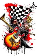 checkered flag design featuring a trumpet, trombone, and guitar, intermixed with punk elements tattoo design idea