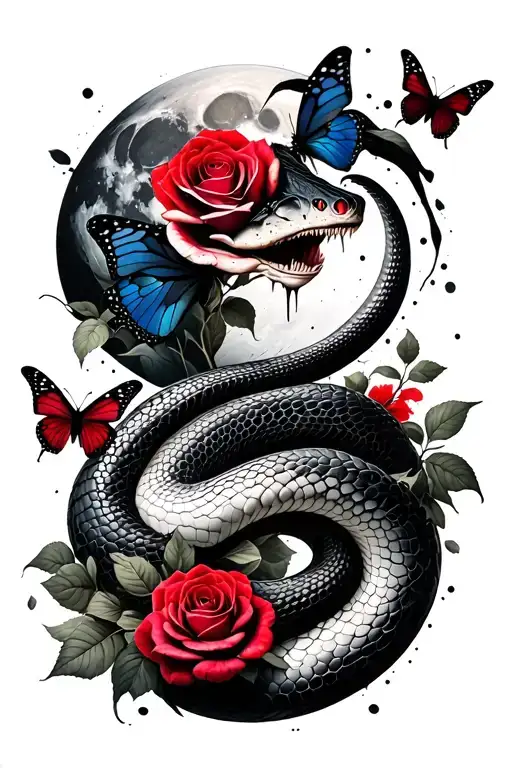 snake intertwining roses red and blue and butterflies extend the head and add a moon with the snake head covering moon tattoo design idea