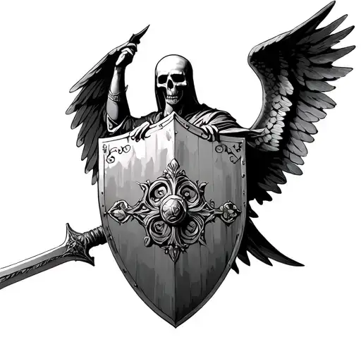 Renaissance style. Angel of Death facing forward, holding a long sword in his right hand and an ornate shield engraved w tattoo design idea