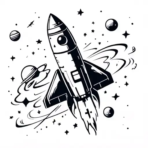 rocket, spaceship flying through a galaxy, stars and planets. tattoo design idea