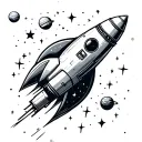 rocket, spaceship flying through a galaxy, stars and planets. tattoo design idea