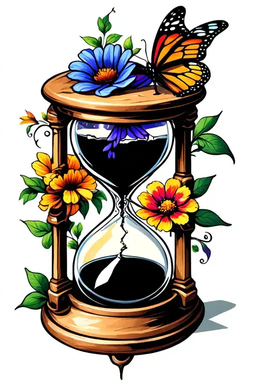 broken Hourglass with flowers and butterfly  tattoo design idea
