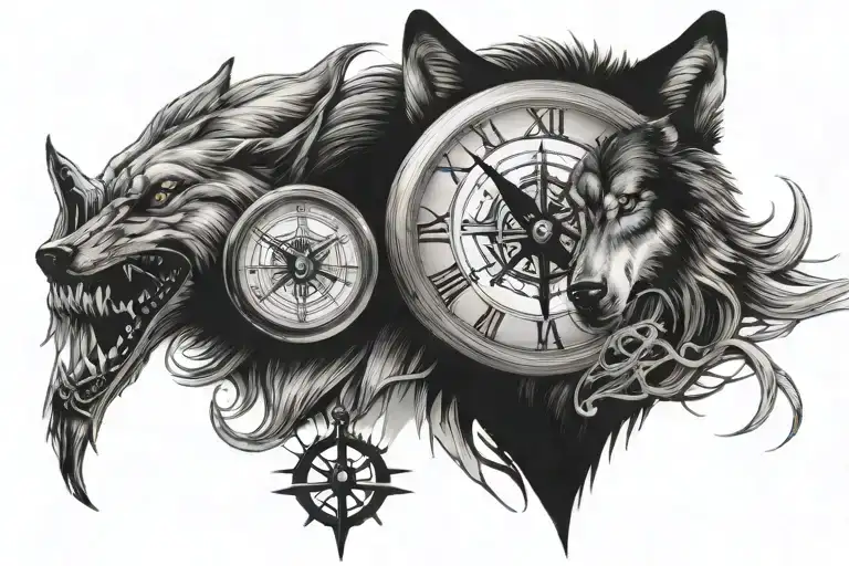clock, compass, hourglass, wolf tattoo design idea