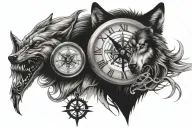clock, compass, hourglass, wolf tattoo design idea