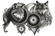 clock, compass, hourglass, wolf tattoo design idea