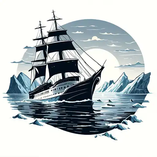 ship in the water with ice glaciers next to the ship and a sunset in the background  tattoo design idea