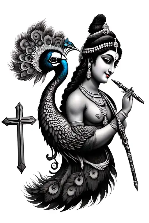 a name with krishna flute and trisul with cross along with pecock tattoo design idea