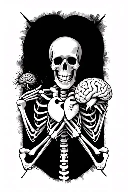 skeleton holding a brain vs heart tattoo design idea