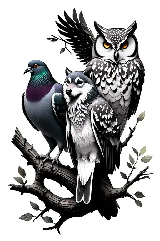 wolf, pigeon and owl perched on a branch tattoo design idea
