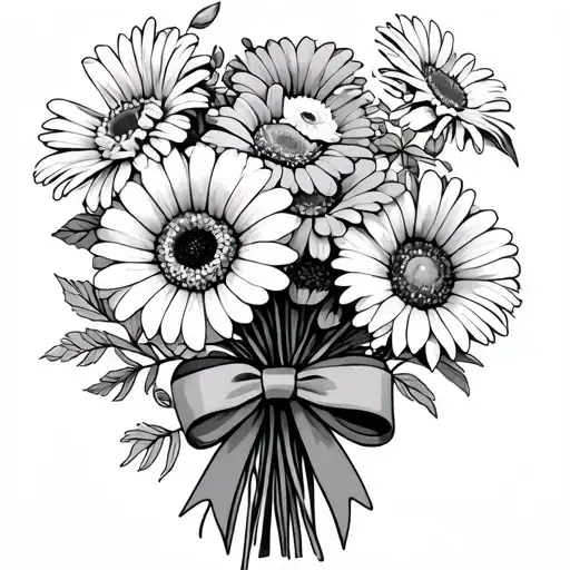 Sweet Pea, diasy and gerbera loose bouquet tied with bow tattoo design idea