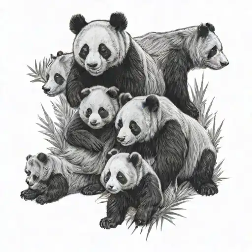 4 baby pandas being defended by adult grizzley bear tattoo design idea