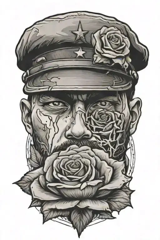 dead eyes looking, PTSD, Trauma, War, Soldier holding onto rose tattoo design idea