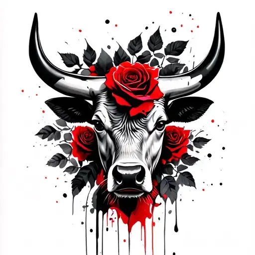 Bull's head, black roses and leaves in the background tattoo design idea