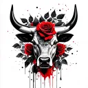 Bull's head, black roses and leaves in the background tattoo design idea