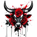 Bull's head, black roses and leaves in the background tattoo design idea