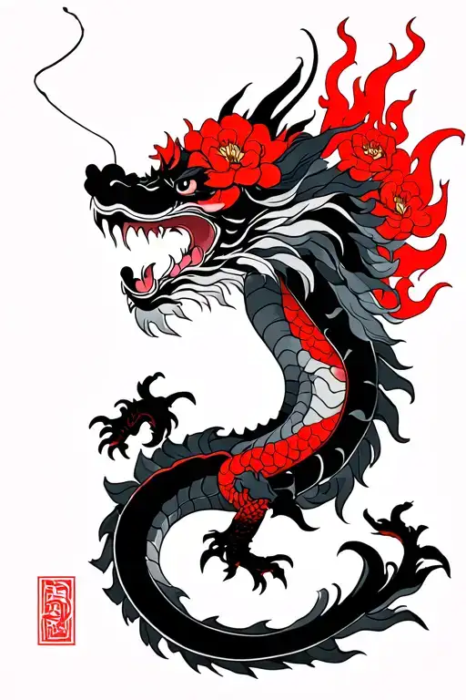 black japanese dragon with red flowers and flames. thin lines tattoo design idea