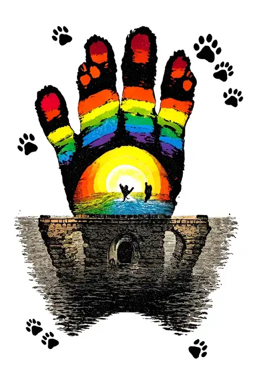 rainbow bridge with fading paw prints and foot prints tattoo design idea