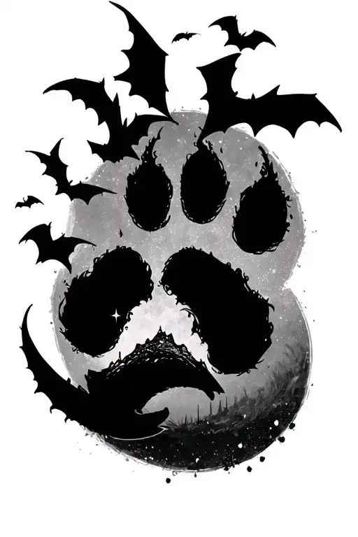 paw print with crescent moon and bats flying across tattoo design idea