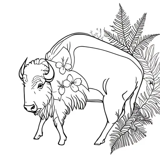 side profile of a bison surrounded by line work flowers, eucalyptus. and silver ferns  tattoo design idea