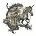 An enchanted forest with mystical creatures like unicorns and dragons hidden within the trees tattoo design idea