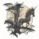 An enchanted forest with mystical creatures like unicorns and dragons hidden within the trees tattoo design idea