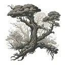 An enchanted forest with mystical creatures like unicorns and dragons hidden within the trees tattoo design idea