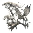 An enchanted forest with mystical creatures like unicorns and dragons hidden within the trees tattoo design idea