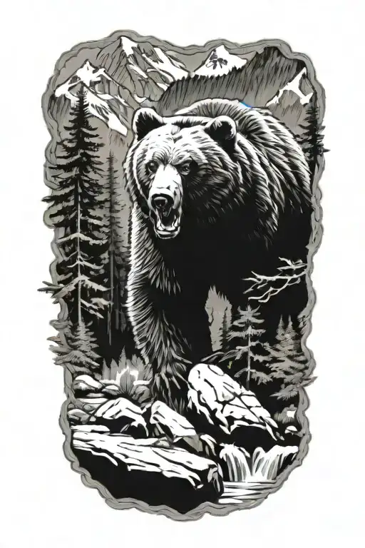 bear, forest, mountains, river tattoo design idea