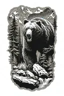 bear, forest, mountains, river tattoo design idea