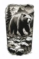 bear, forest, mountains, river tattoo design idea
