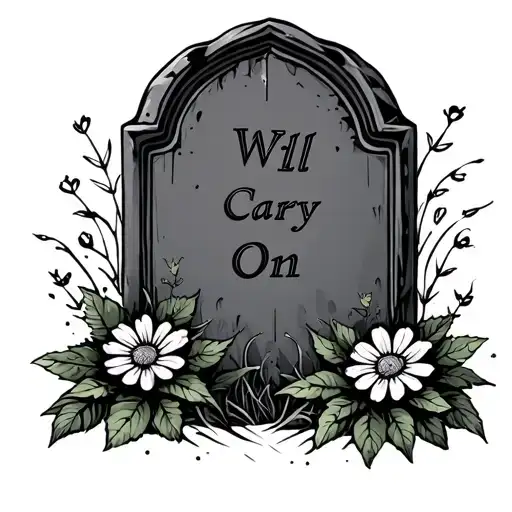 grave stone with small flower with the text Will carry on tattoo design idea