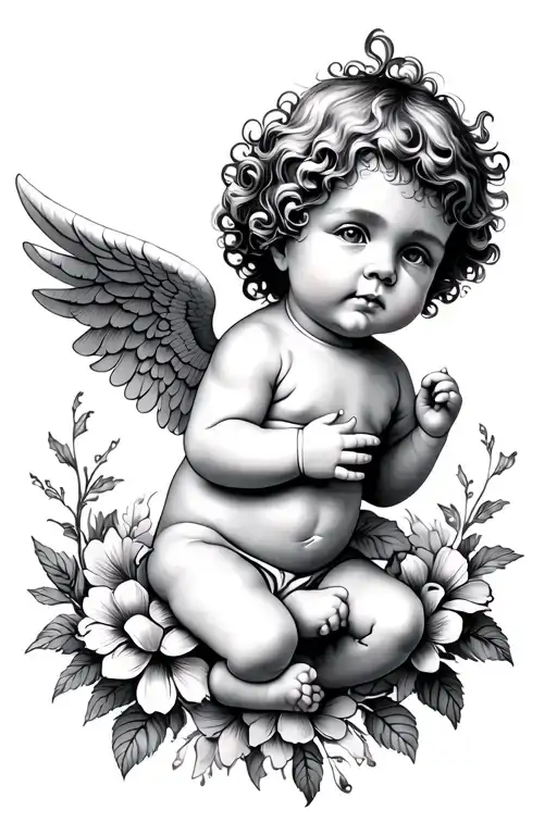 baby cupid with flowers growing tattoo design idea