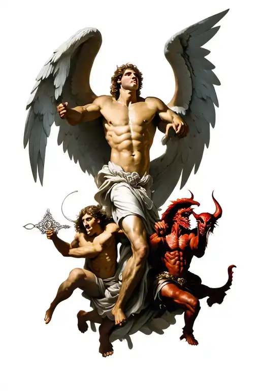 St Michael & angels fighting devil and demons engaged tattoo design idea