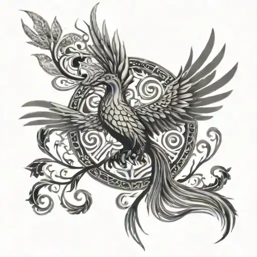 A phoenix rising from the tree of life, surrounded by intricate shibari patterns tattoo design idea