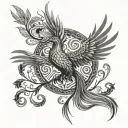 A phoenix rising from the tree of life, surrounded by intricate shibari patterns tattoo design idea