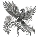 A phoenix rising from the tree of life, surrounded by intricate shibari patterns tattoo design idea